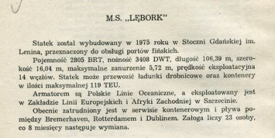 Informacje o statku  oraz lista załogi pochodzą z książki pt.Album Ziemi Lęborskiej pod red.A.Dubiela